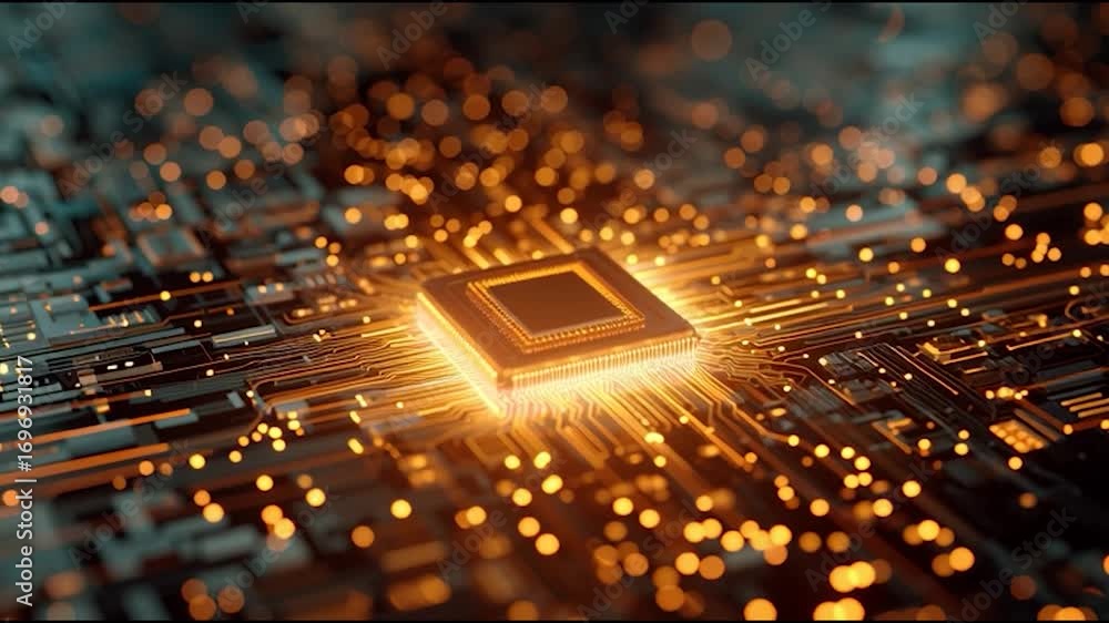 Poster a glowing microprocessor on a circuit board, surrounded by bright sparks and intricate designs, show