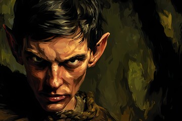 High-fantasy close-up of dark elf, dramatic moody tones and partial view emphasize elegance and danger.