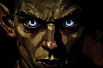 Artistic close-up of a fantasy elf with strong shadows, one side hidden, suggesting secrets and magical origin.