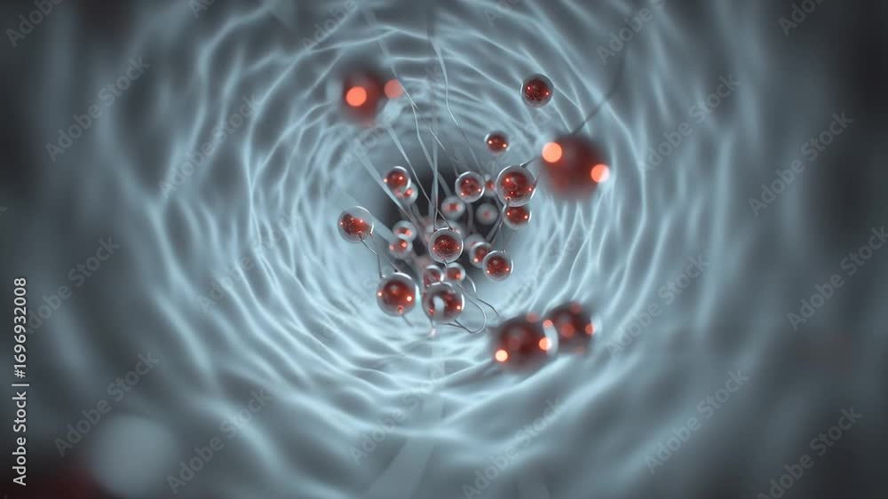 Aufkleber an abstract representation of interconnected cells with red spheres and filamentous structures again
