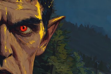 Artistic close-up of a fantasy elf with strong shadows, one side hidden, suggesting secrets and magical origin.