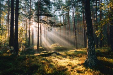 Fototapeta premium Sunbeams are shining through trees in a misty forest at sunrise, creating a magical atmosphere