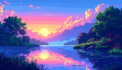 Pixel art landscape at sunrise