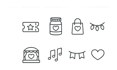 Festive Fundraiser Icons. Outline icon set of festive fundraisers: raffle ticket, donation jar, gift bag,