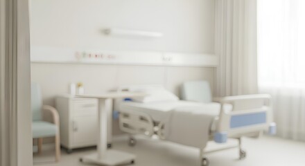 Blurred view of a hospital room featuring an adjustable bed, bedside table with medication, and a chair, bathed in soft, natural light.