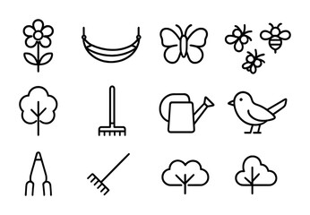 Garden Hammock Icons. Outline icon set of garden hammocks: flower, hammock, butterflies, bees, tree, rake,