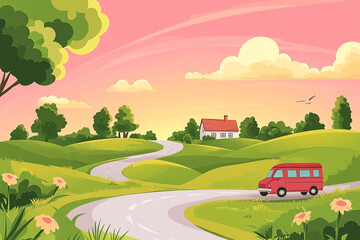 Obraz premium Scenic countryside adventure with red van on winding road at sunset illustration