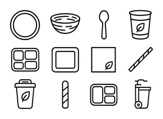 Biodegradable Dining Icons. Outline icon set of biodegradable dining: paper plate, palm leaf bowl, cornstarch