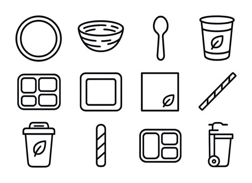 Biodegradable Dining Icons. Outline icon set of biodegradable dining: paper plate, palm leaf bowl, cornstarch