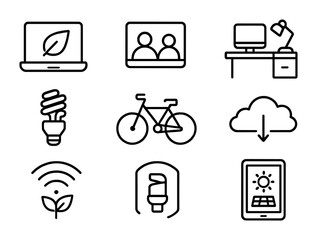Sustainable Remote Work Icons. Outline icon set of remote work sustainability: laptop with leaf, video call