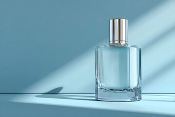 Glass perfume bottle reflecting soft light, silver cap gleaming against blue backdrop, highlighting elegant cosmetic design with dramatic shadowing