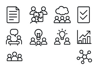 Collaborative Learning Icons. Outline icon set of collaborative learning: shared document, team puzzle pieces,