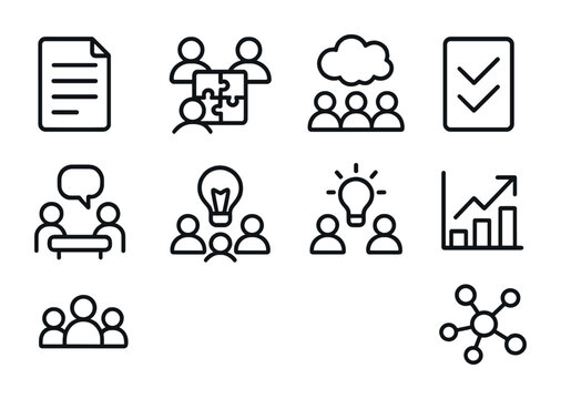 Collaborative Learning Icons. Outline icon set of collaborative learning: shared document, team puzzle pieces,