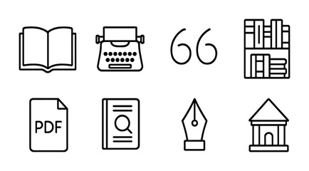 Academic Publishing Icons. Outline icon set of academic publishing: open book, typewriter, citation mark,