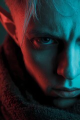 Artistic close-up of a fantasy elf with strong shadows, one side hidden, suggesting secrets and magical origin.