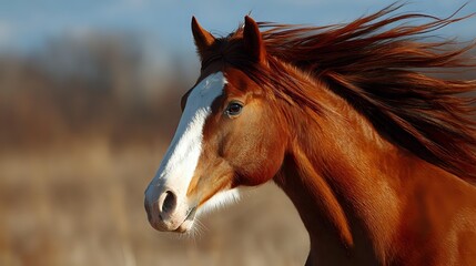 Fototapeta premium Majestic brown horse with white blaze marking on face and flowing mane against blurred natural background, captured in warm sunlight during golden hour.