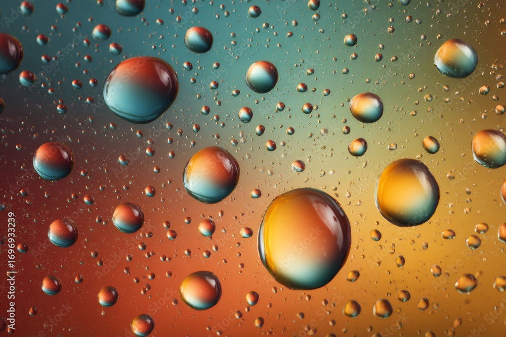 Poster macro water droplets forming vibrant, abstract pattern on turquoise to orange gradient surface, capt