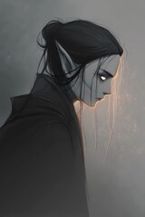Artistic close-up of a fantasy elf with strong shadows, one side hidden, suggesting secrets and magical origin.