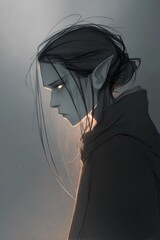Artistic close-up of a fantasy elf with strong shadows, one side hidden, suggesting secrets and magical origin.