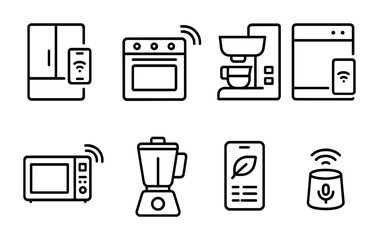 Smart Kitchen Icon Set. Outline icon set of Smart kitchen appliances: smart fridge, smart oven, smart coffee
