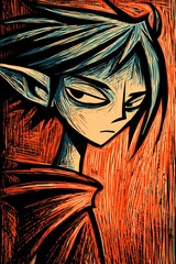 Artistic close-up of a fantasy elf with strong shadows, one side hidden, suggesting secrets and magical origin.