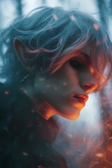 Artistic close-up of a fantasy elf with strong shadows, one side hidden, suggesting secrets and magical origin.