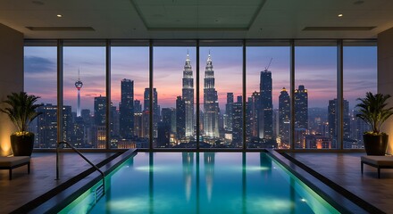 Captivating photo of a luxury infinity pool overlooking the iconic Kuala Lumpur cityscape at twilight.