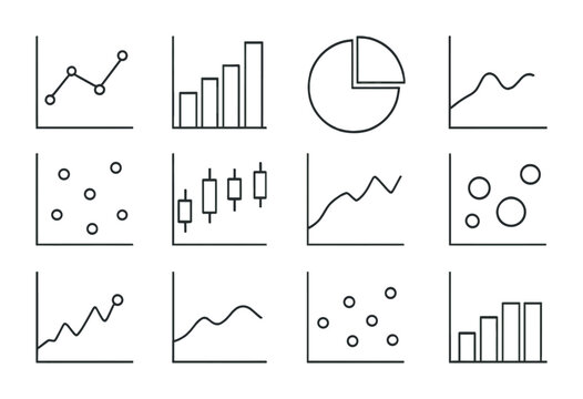 Financial Chart Icons. Outline icon set of Financial charts and graphs: line chart, bar chart, pie chart,