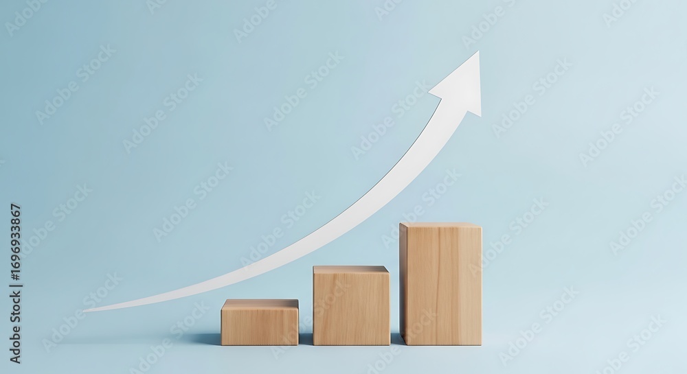 Poster wooden blocks showing a rising graph with an upward arrow on a blue background