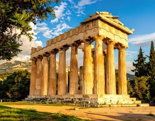 Fototapeta premium A magnificent ancient temple structure, bathed in golden sunlight, stands amidst lush greenery, against a backdrop of a mountainous landscape.