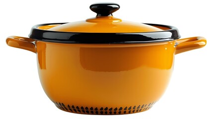Orange enameled cast iron cooking pot with black lid and handles, isolated on white background for kitchen and cookware marketing materials.