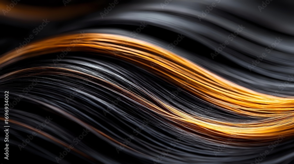 Poster abstract black and golden waves creating dynamic flowing lines against dark background, modern luxur
