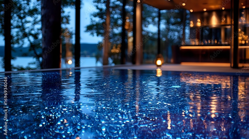 Poster luxurious infinity pool at dusk with glowing reflections and forest views, featuring ambient lightin