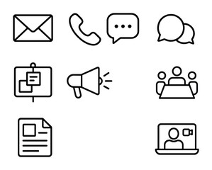 Office Communication Icons. Outline icon set of Office communication: email, phone, chat, notice board,