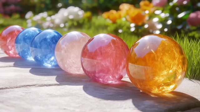 Colorful glass marbles lined up on a stone path in a vibrant garden filled with flowers