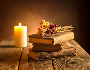 Vintage Books with Dried Flowers and Candle on Wooden Table