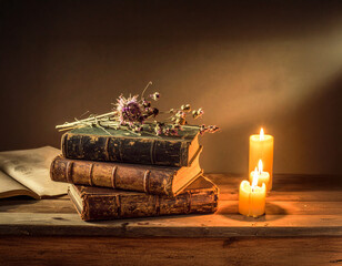 Vintage Books with Dried Flowers and Candle on Wooden Table