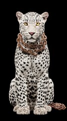 Naklejka premium A majestic white leopard, seated against a black backdrop, is adorned with a golden chain collar.