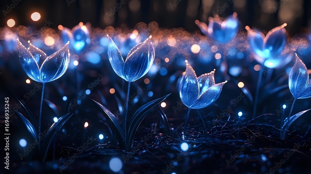 Poster glowing blue translucent tulips in dark garden with magical bokeh lights and sparkles creating ether