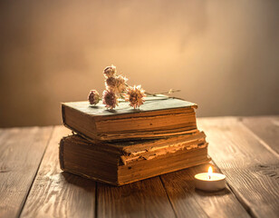 Vintage Books with Dried Flowers and Candle on Wooden Table
