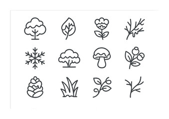 Frozen Nature Icons. Outline icon set of frozen nature: snow-covered tree, icy leaf, frozen flower, frosted