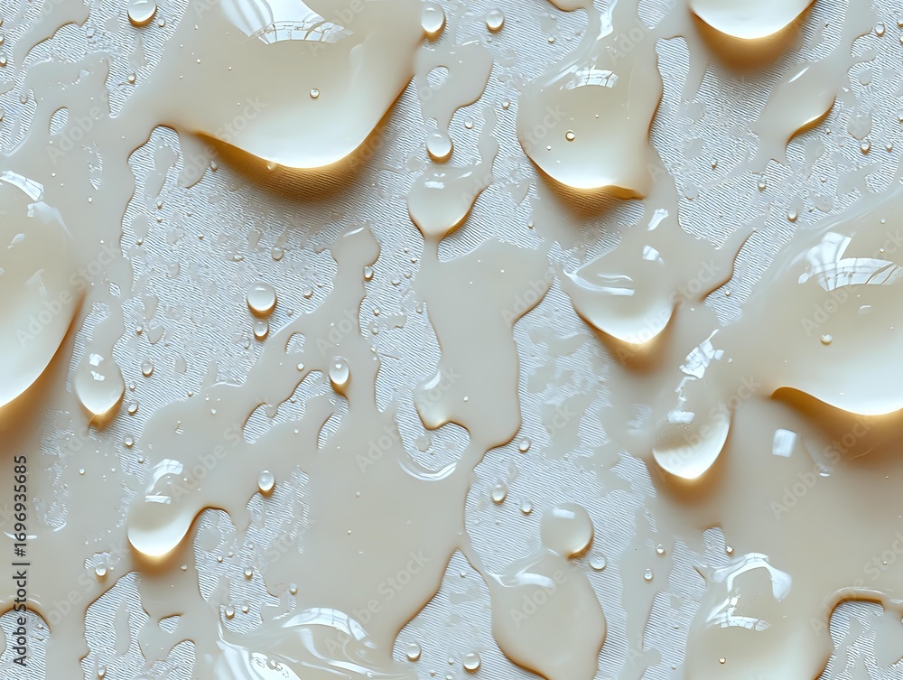Poster water droplets and cream-colored liquid forming abstract patterns on light surface, creating organic