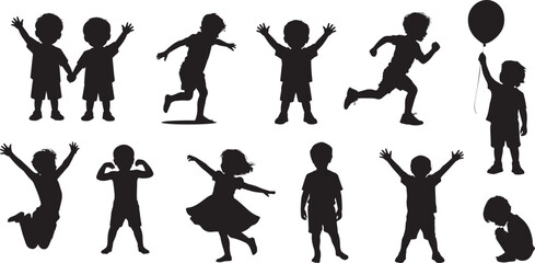 Silhouette of happy children playing, jumping, running, and having fun together