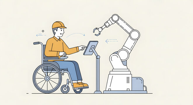 Man in wheelchair interacting with a tablet, controlling a robotic arm, illustrating inclusive workplace design and advanced automation in industry