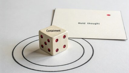 Wooden dice on paper with concepts of containment and thought
