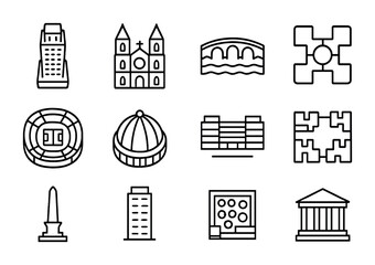 Architectural Icons Grid. Outline icon set of architectural aerial views: skyscraper, cathedral, bridge, plaza