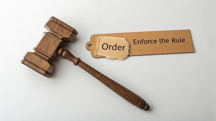 Wooden Gavel and Sign Representing Authority and Legal Order Concept