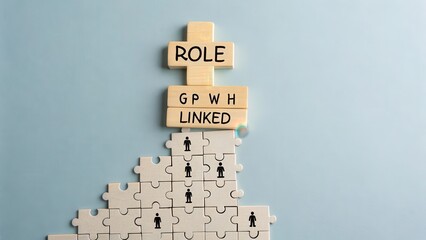 Wooden Puzzle Pieces with Role and Linked Signs on Blue Background