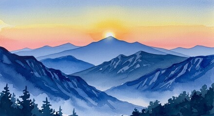 Serene Sunrise Over Blue Mountains in Watercolor Style