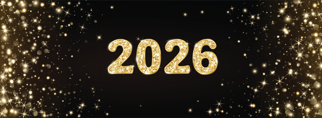 Golden glitter 2026 numbers with magic glow and sparkles on black background. Festive design for New Year calendar covers, celebration banners, or party invitations.